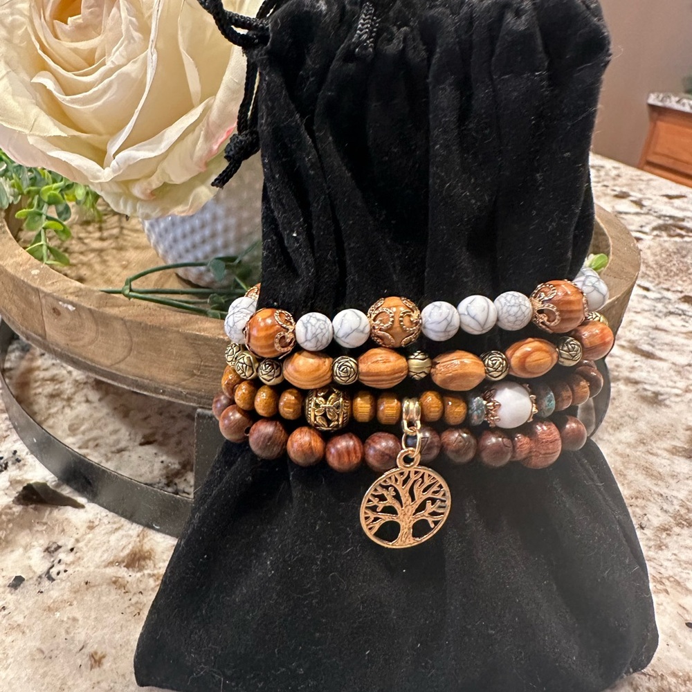 Elegant Tree Charm Bracelet Set - Brown and White